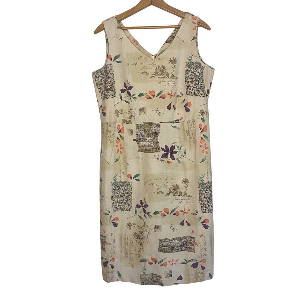 NWT Sun Moda Linen Blend Tan Floral Vacation Dress Travel Lagenlook Medium Artsy